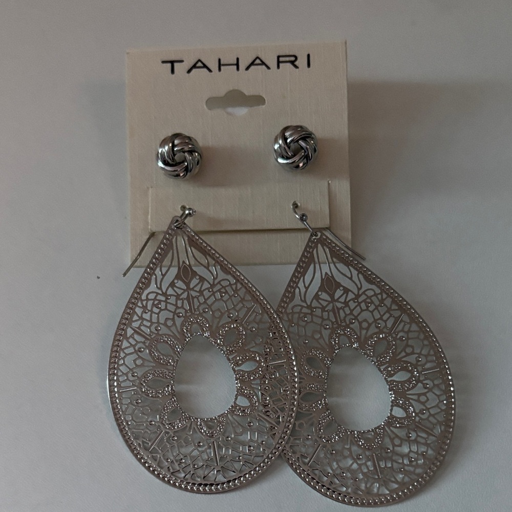 Tahari Silver Teardrop and Knot Earrings